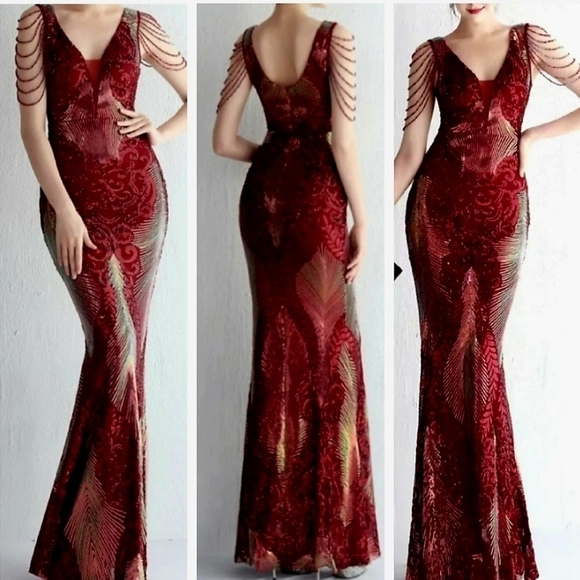 Wine Red, Floral, Sleeveless,  Round Back, V Neck,  Sequined Mermaid Gown - Picture 1 of 16